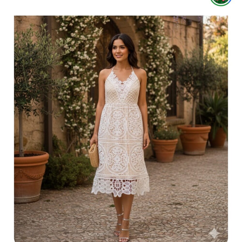 White Crochet Lace Floral Strap Dress ( S )